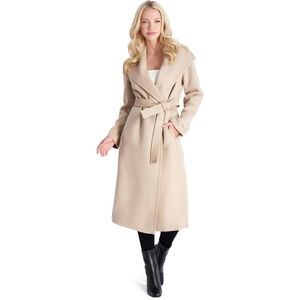 Tahari Juliette Women's Wool Blend Double Face Faux Leather Trim Belted Coat NWT